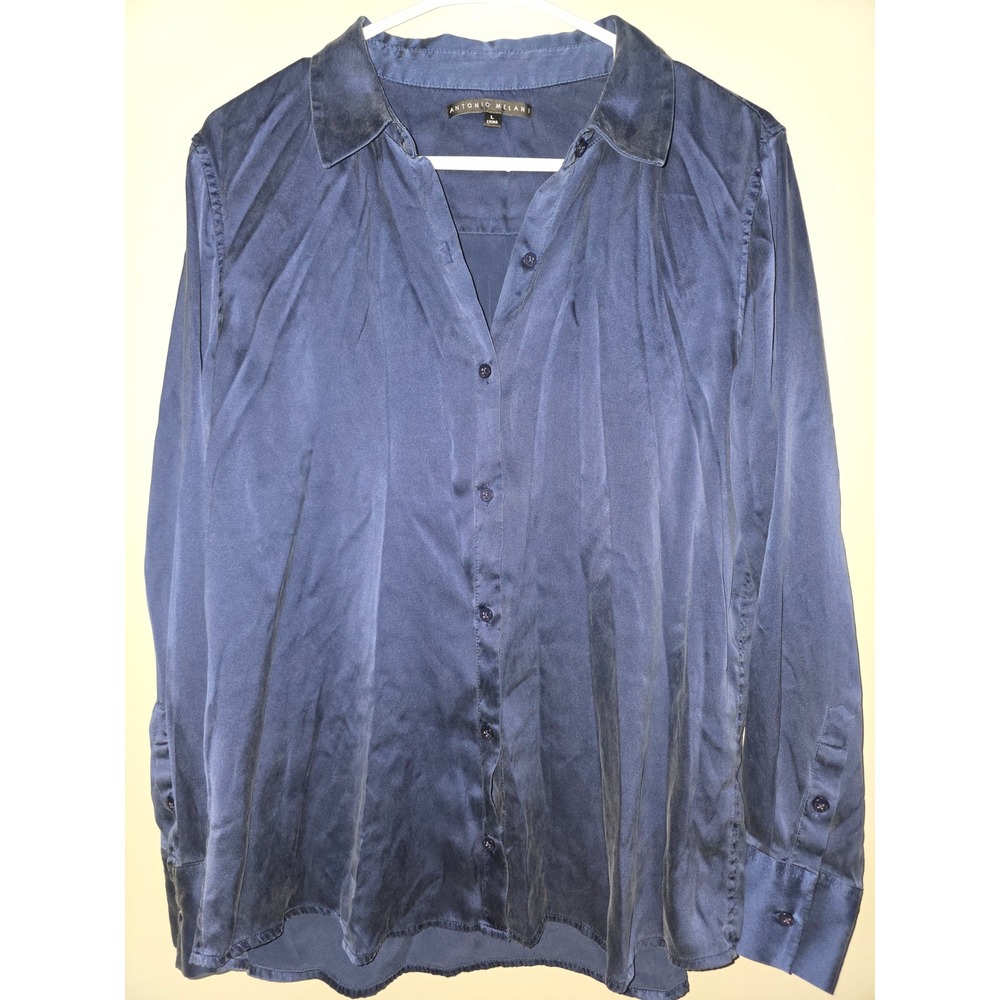 Antonio Melani Navy Blue Silk Blend Button Down Shirt Long Sleeve Size L